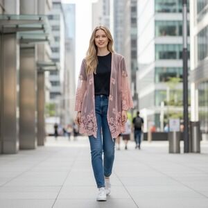 Paper Tee Women's Lace  Kimono Cardigan Pink Floral Embroidered Open Front Large
